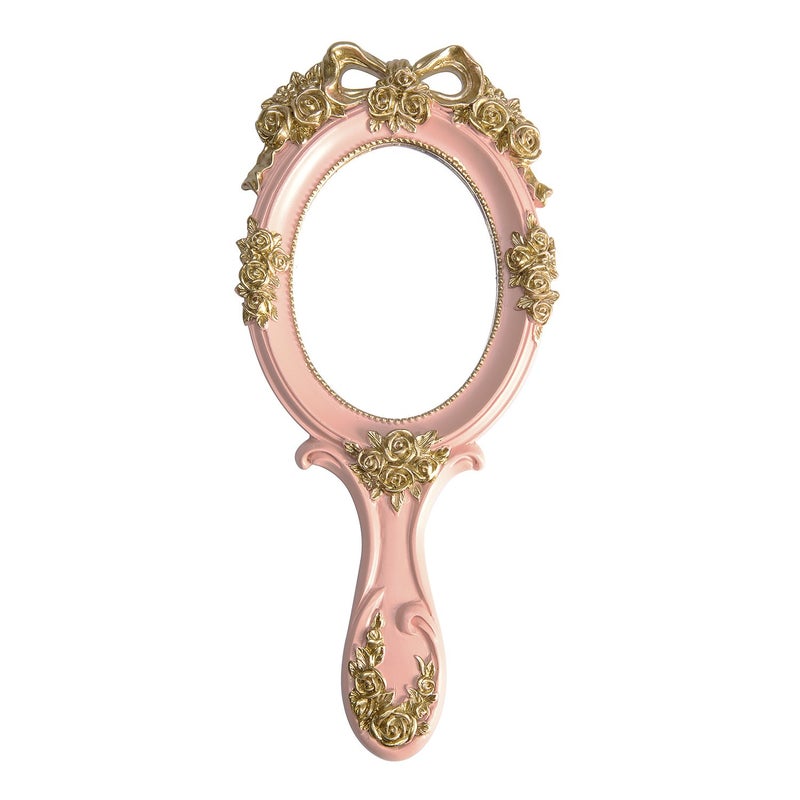 Nerien Handheld Mirror Vanity Makeup Mirror Travel Princess Metal Cosmetic Mirror Portable Oval Embossed Rose Mirrors Decorative Desk Girl Student Vintage Beautiful Handle Mirrors Pink-3 - Image 1